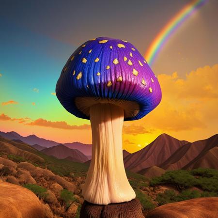 00061-3952795016-masterpiece, intricate photo, mushroom with rainbow-colored cap, background enchanted mountainous desert in china, fantasy art,.jpg